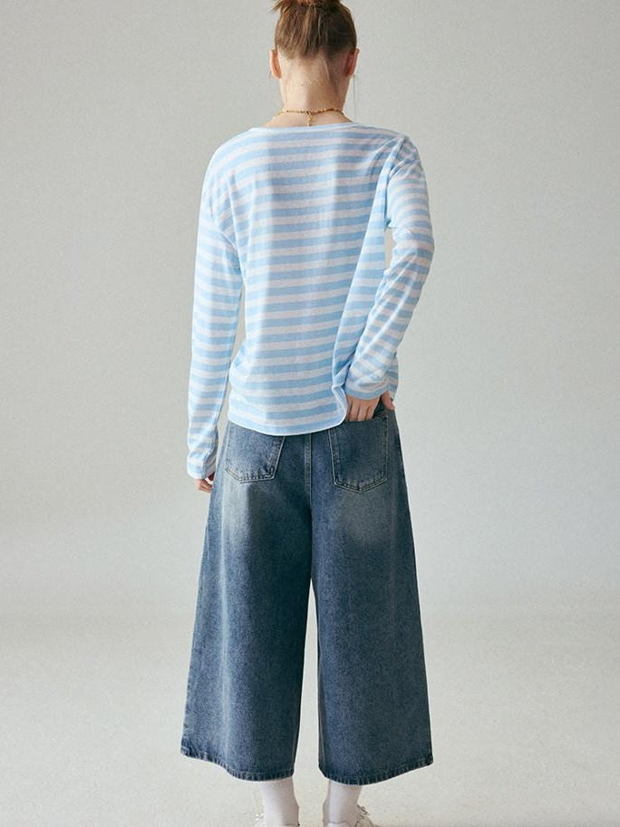 fano Natural Waist Loose Fit Ankle Crop Denim Casual Blue Youth Straight Leg Jeans