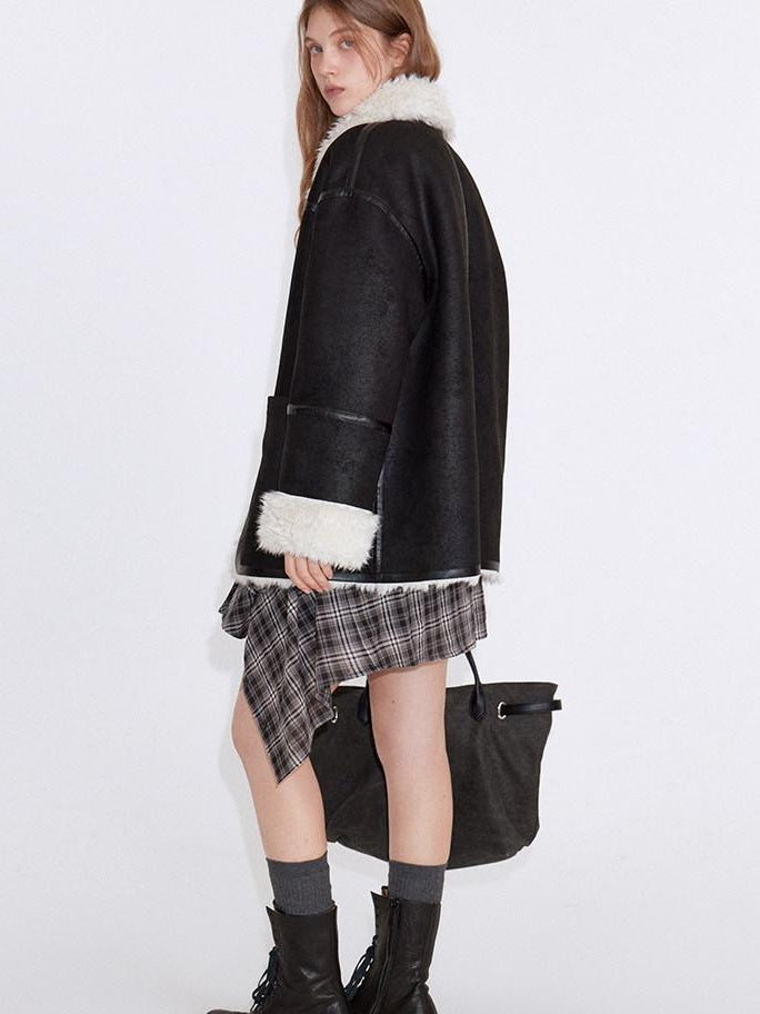fano Contrast Color Trim Casual Loose Fit Lapel Collar Women Daily Black Short Coat
