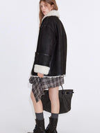 fano Contrast Color Trim Casual Loose Fit Lapel Collar Women Daily Black Short Coat
