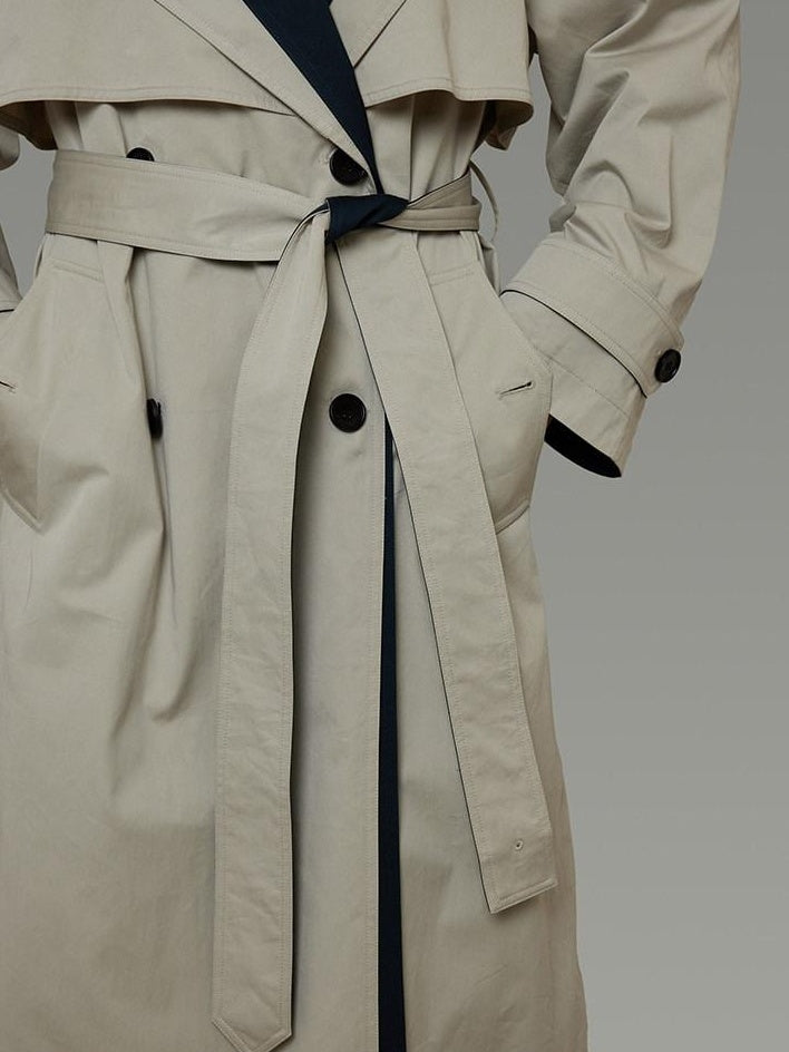 unspoken Minimalist Double Breasted Long Straight Workwear Beige Navy Trench Coats