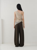someonesometimes Minimalist Work Natural Waist Button Tea Brown Stretch Wide Leg Pants