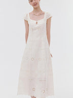 fano Breathable Cotton A Line Square Neck Short Sleeve Work White Maxi Dresses