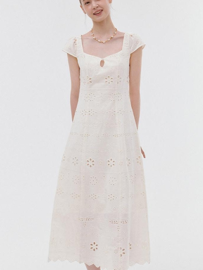 fano Breathable Cotton A Line Square Neck Short Sleeve Work White Maxi Dresses