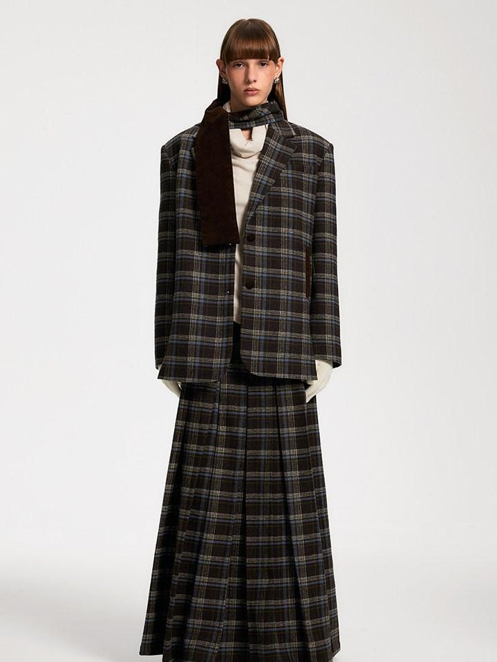 someone sometimes Original Design Plaid V-neck Long Sleeve Polyester Office Chic Top & Skirt Sets