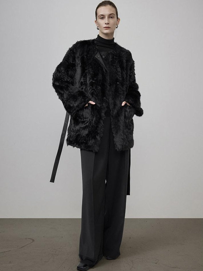 unspoken Faux Fur Lined Minimal Oversized Womens Black Round Neck Long Sleeve Short Coat