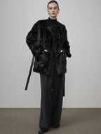 unspoken Faux Fur Lined Minimal Oversized Womens Black Round Neck Long Sleeve Short Coat