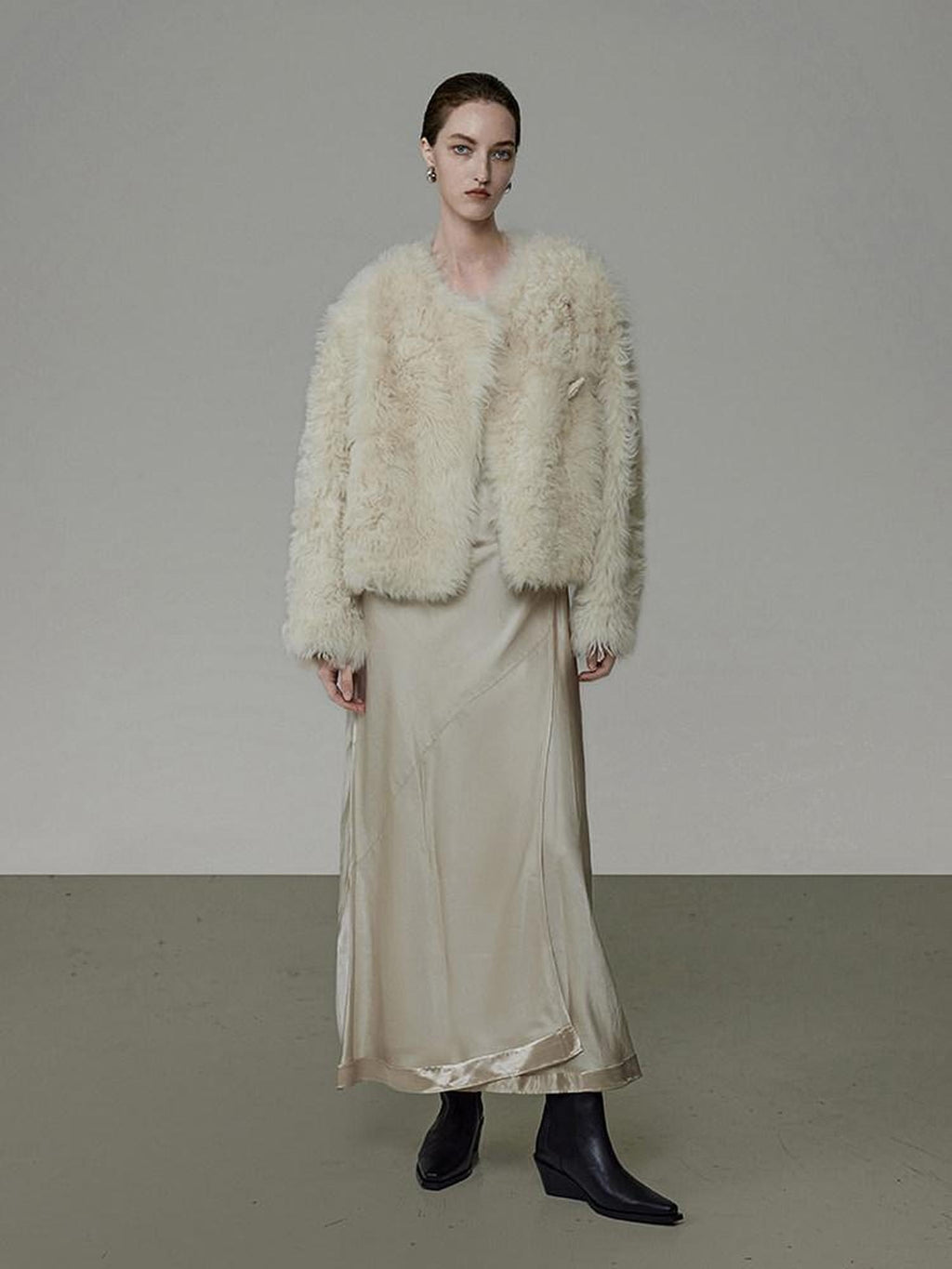 unspoken Minimal Off White Button Front Crew Neck Straight Fit Office Short Coat