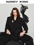 audreyyang Elegant Loose Fit Sash Double Breasted Notch Lapel Black Polyester Blazers