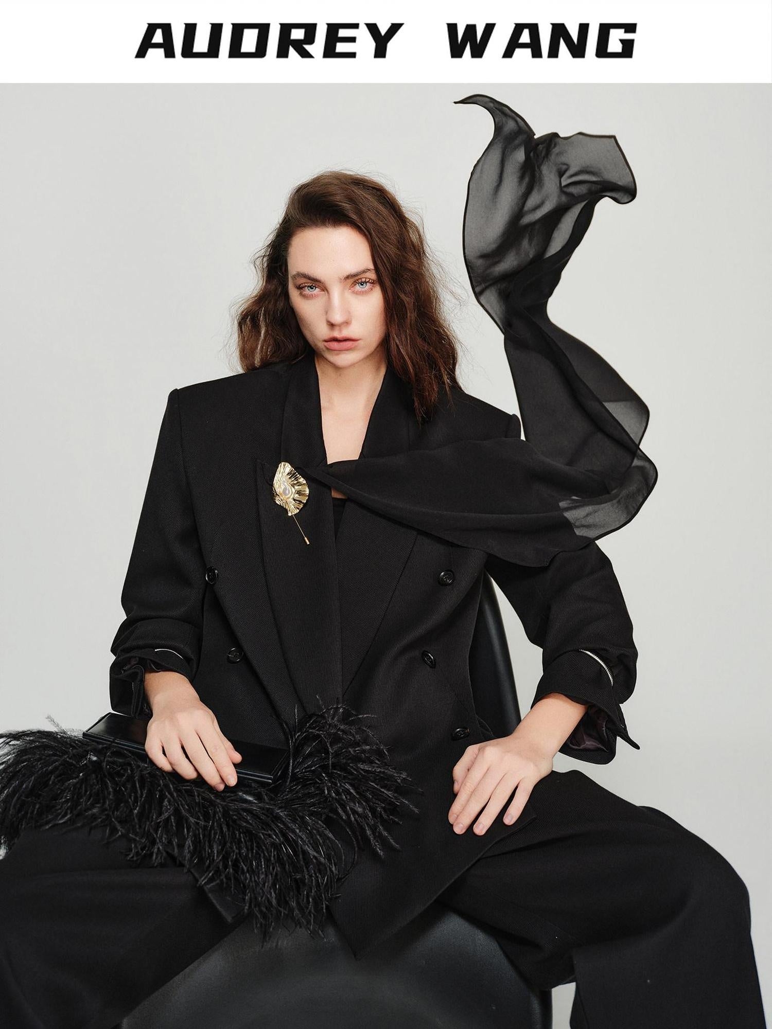 audreyyang Elegant Loose Fit Sash Double Breasted Notch Lapel Black Polyester Blazers