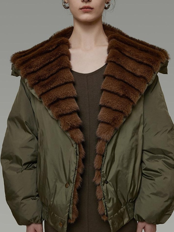 unspoken 90% White Duck Down Warm Loose Patchwork Commuter Olive Green Zip Down Jackets
