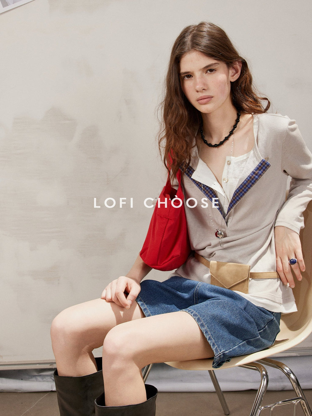 Lofi choose Cotton Blend Button Collar Loose Commuter Womens Purple Long Sleeve T-Shirts