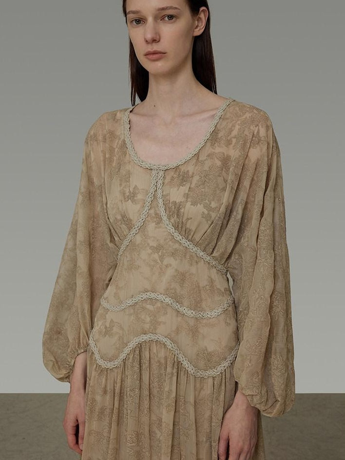 unspoken Casual Jacquard A Line Natural Waist Long Sleeve U Neck Khaki Women Maxi Dresses