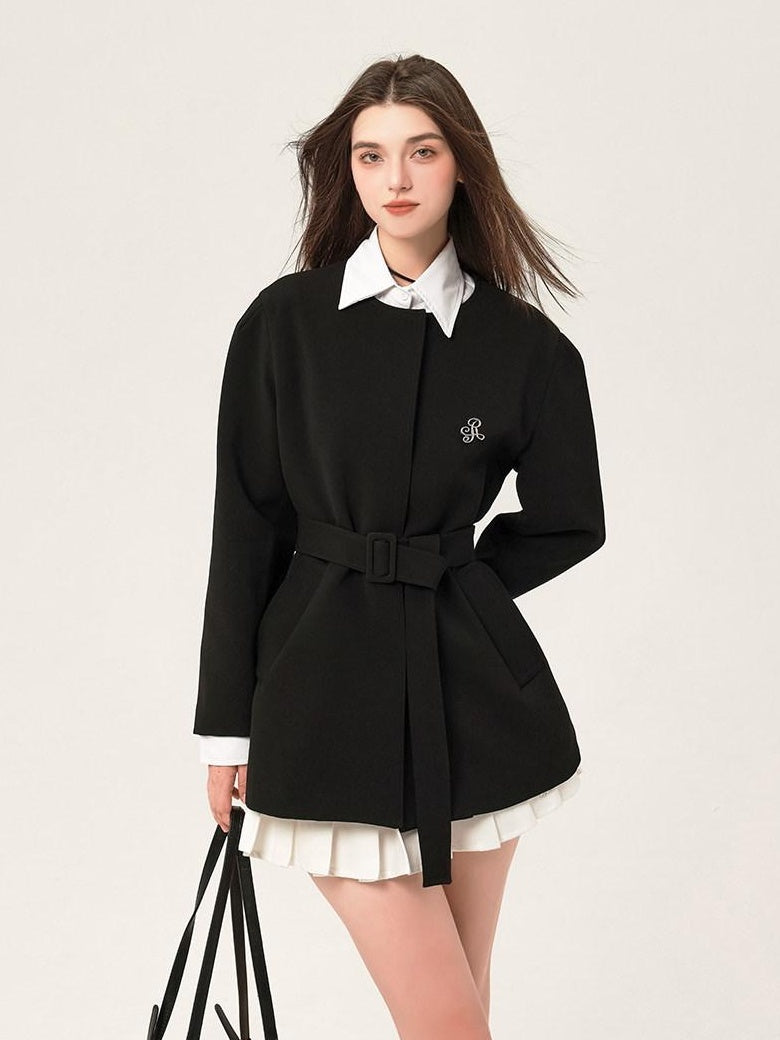 ikyou Versatile Belted Relaxed Fit Office Casual Women Polyester Black Blazers