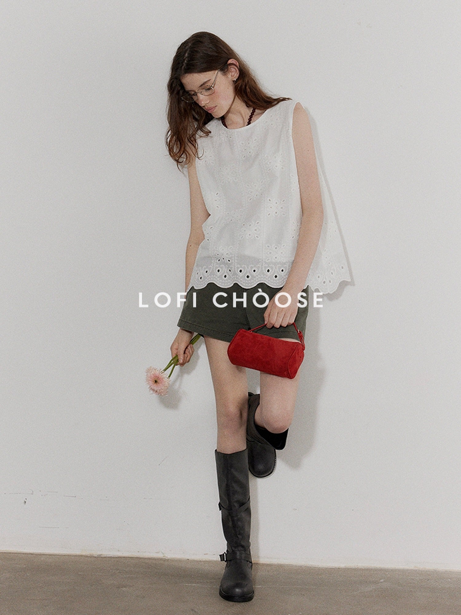 Lofi choose Breathable Pure Cotton Embroidered Loose Fit Commuter Women White Tank Tops