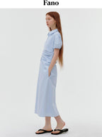 fano 100% Cotton Puff Sleeve A Line Natural Waist Solid Blue Zipper Maxi Dresses