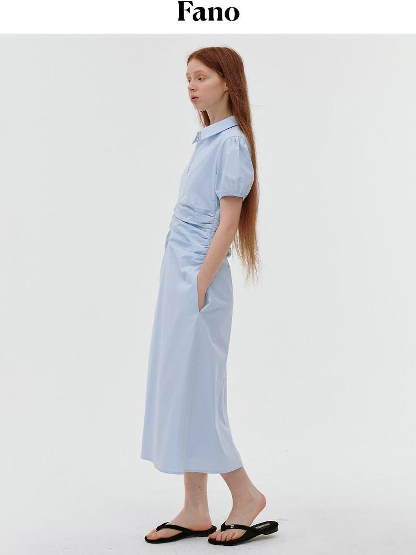 fano 100% Cotton Puff Sleeve A Line Natural Waist Solid Blue Zipper Maxi Dresses