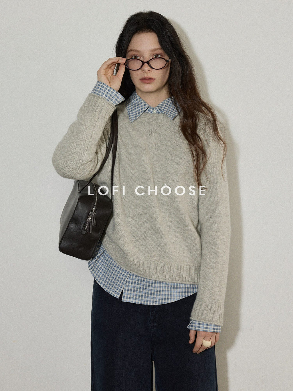 Lofi choose Wool Blend Loose Fit Rolled Hem Commuter Crew Neck Women Light Grey Sweaters