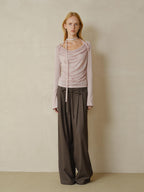 someonesometimes Lyocell Blend Slim Ruched Bell Sleeve Mauve Drape Neck Long Sleeve T-Shirts