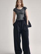 fano Soft Stretch Polyester Round Neck Minimalist Women Black Basic Crop Tops