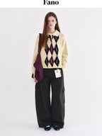 fano Cotton Cashmere Warm Vintage Loose Rolled Edge Pullover Casual Argyle Sweaters