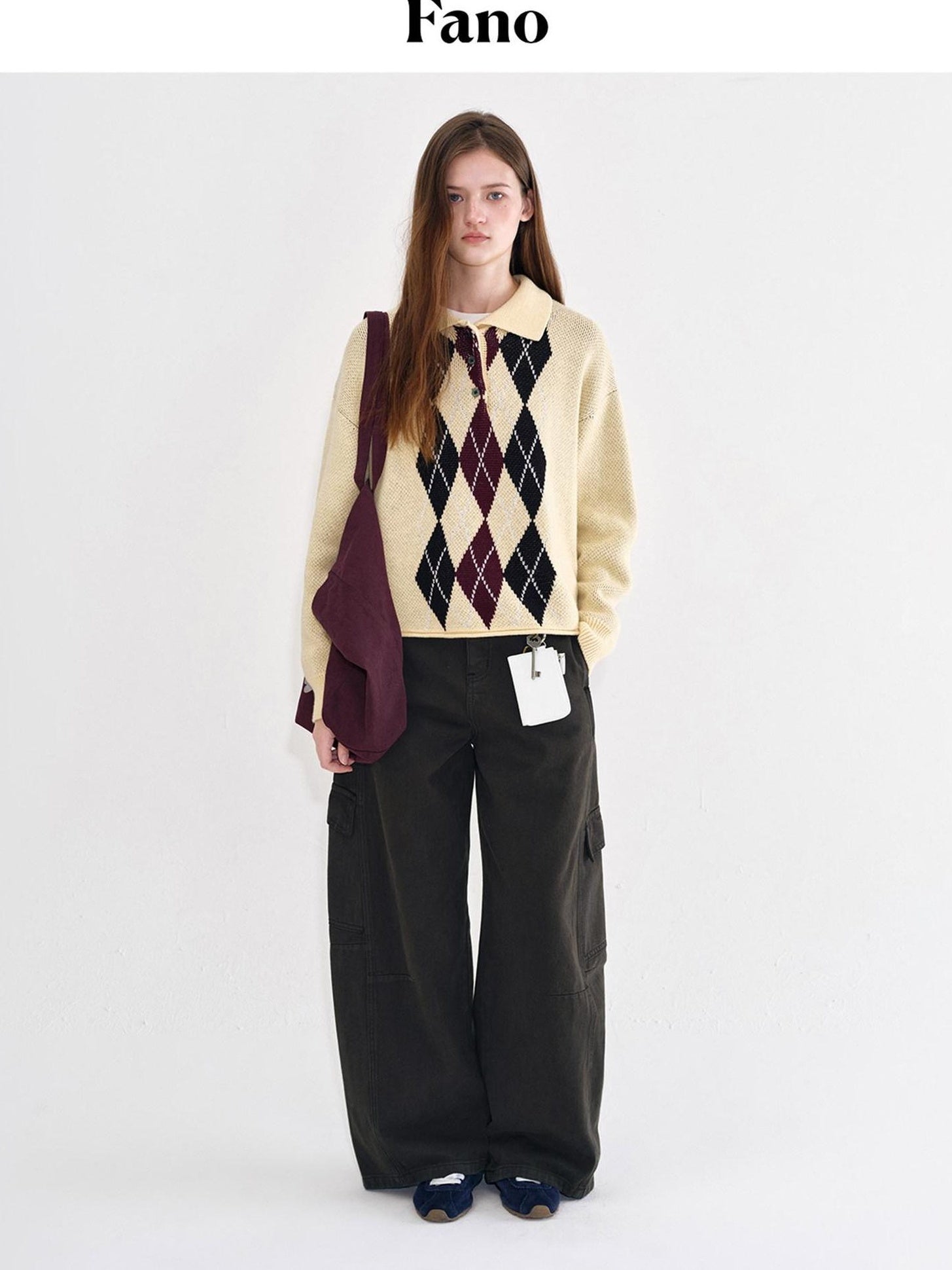 fano Cotton Cashmere Warm Vintage Loose Rolled Edge Pullover Casual Argyle Sweaters