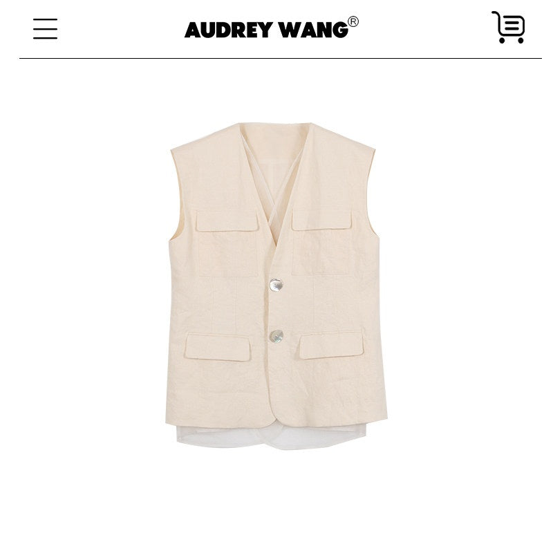 audreyyang_Light_Cream_Linen_V-neck_Button_Vest_With_Long_Pants_Women_Top_&_Pants_Sets_MISSTT