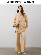 audreyyang Oversized Wool Single Button Notch Lapel Long Sleeve Women Cream Black Blazers