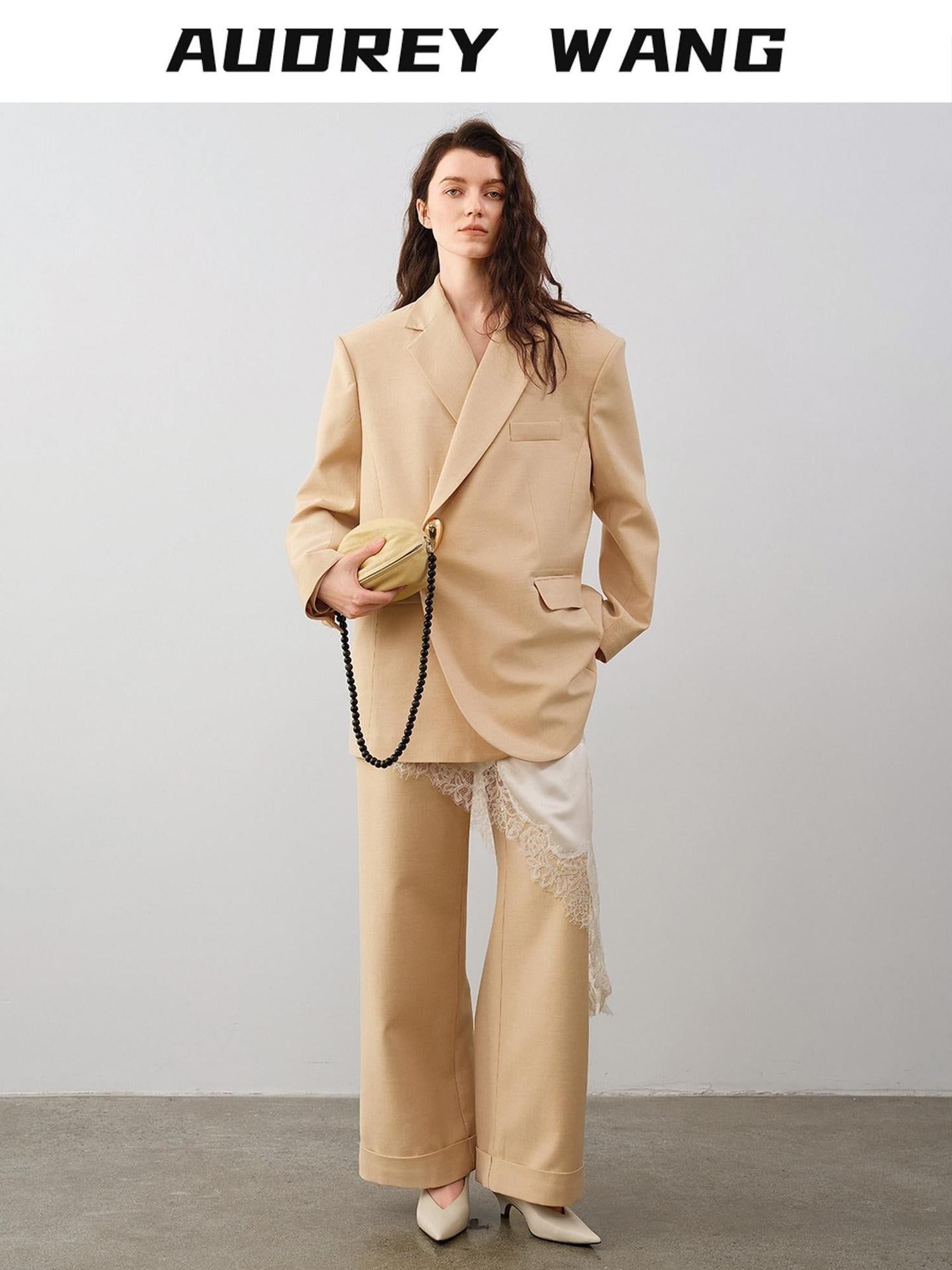 audreyyang Oversized Wool Single Button Notch Lapel Long Sleeve Women Cream Black Blazers