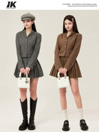 ikyou Tassel Button Slim Fit Square Neck Long Sleeve Work Gray Brown Top & Skirt Sets