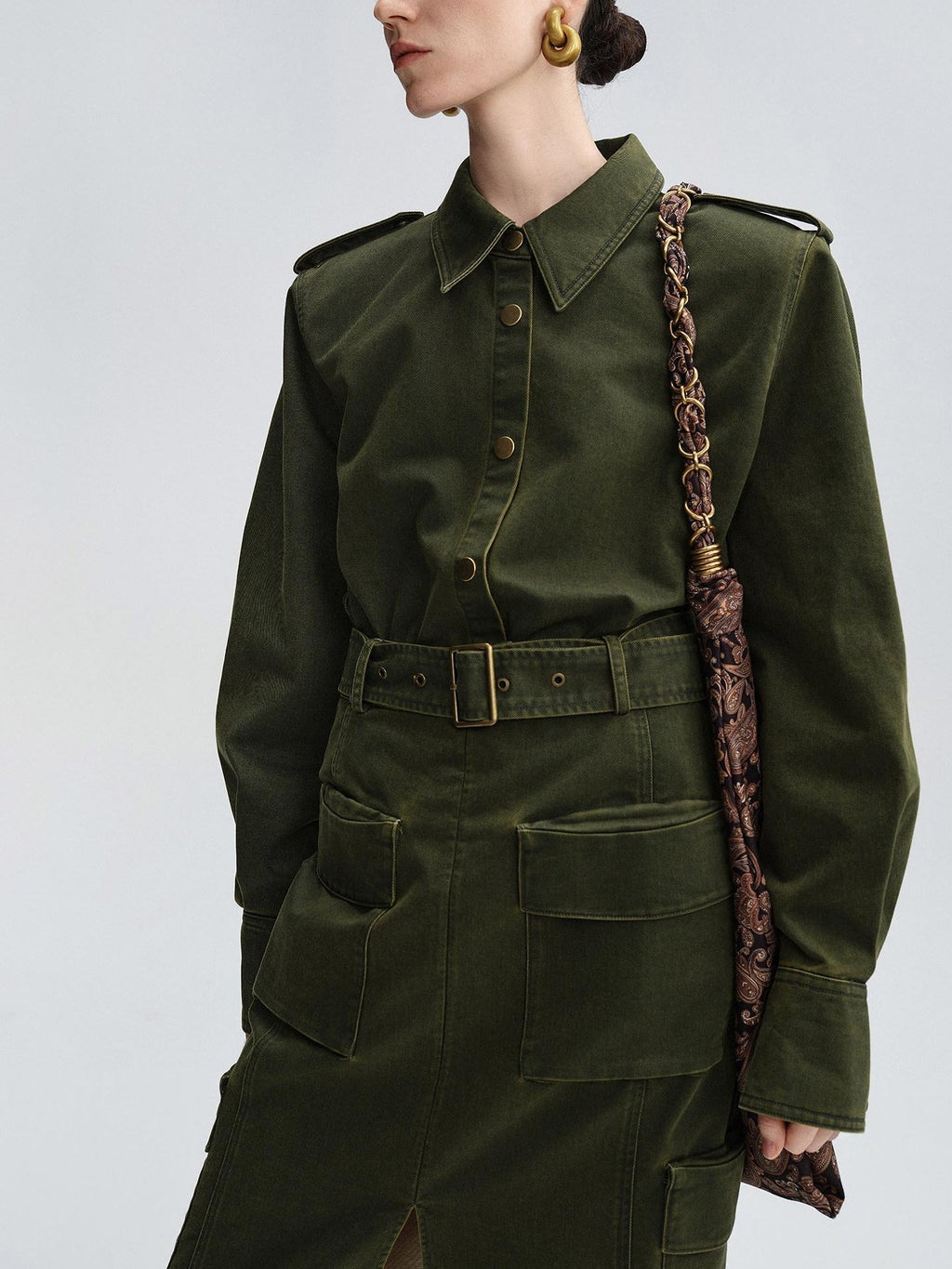 audreyyang Thick Cotton Cinched Waist Vintage Long Sleeve Army Green Top & Skirt Sets