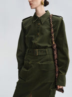 audreyyang Thick Cotton Cinched Waist Vintage Long Sleeve Army Green Top & Skirt Sets