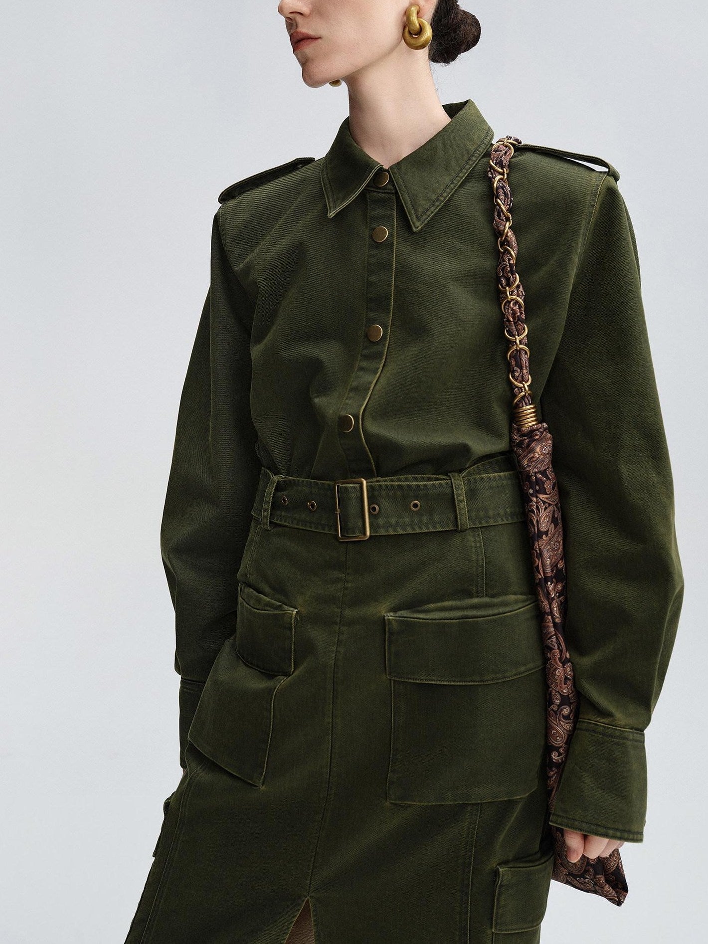 audreyyang Thick Cotton Cinched Waist Vintage Long Sleeve Army Green Top & Skirt Sets