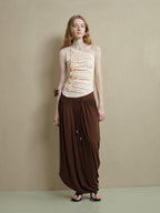 someone sometimes Soft Viscose Blend Slim Fit One Shoulder Beige Stretch Ruching Tank Tops