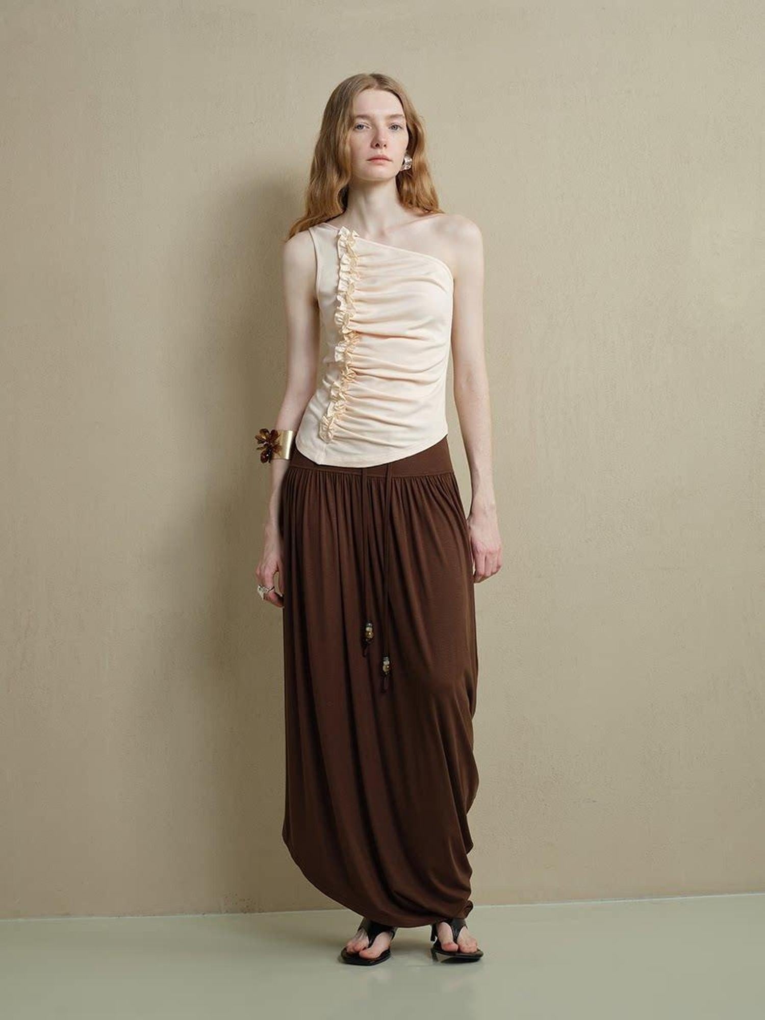 someone sometimes Soft Viscose Blend Slim Fit One Shoulder Beige Stretch Ruching Tank Tops