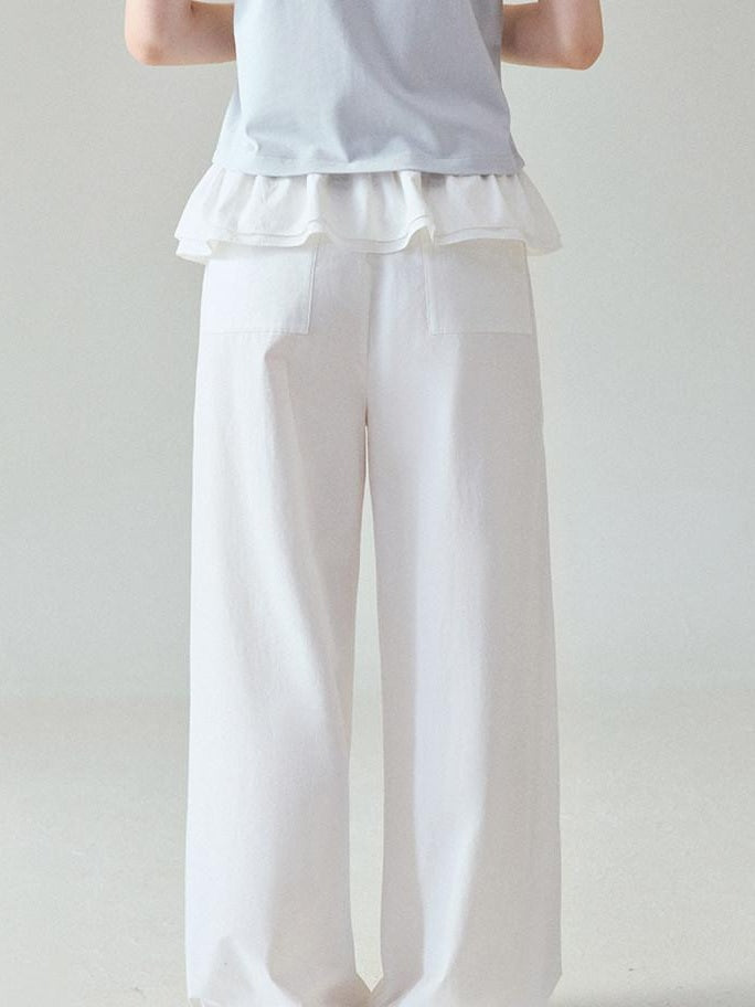 fano Pure Cotton Elastic Waist Loose Korean Office Natural Waist White Straight Pants