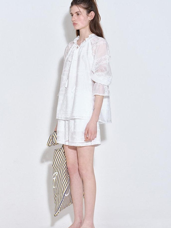 fano Breathable Lyocell Relaxed Three Quarter Sleeve White Lounge Top & Shorts Sets