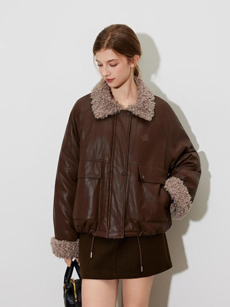 ikyou Thick Pu Leather Embroidered Zip Pocket Oversized Korean Brown Cropped Jackets