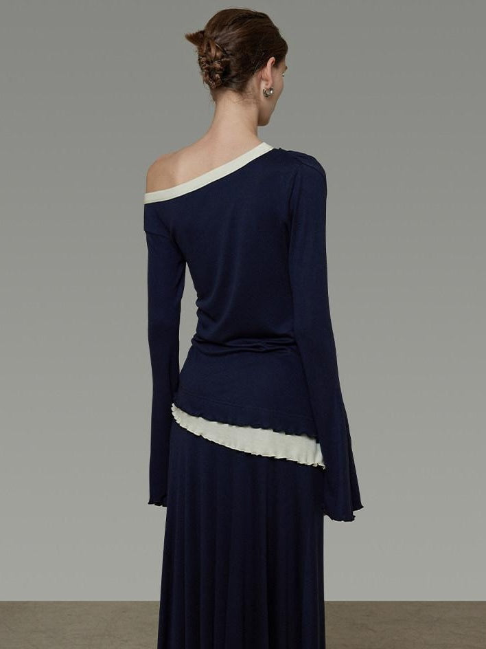 unspoken Navy Tencel Slim Fit Knit Round Neck High Waist Casual Women Top & Skirt Sets