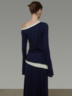 unspoken Navy Tencel Slim Fit Knit Round Neck High Waist Casual Women Top & Skirt Sets
