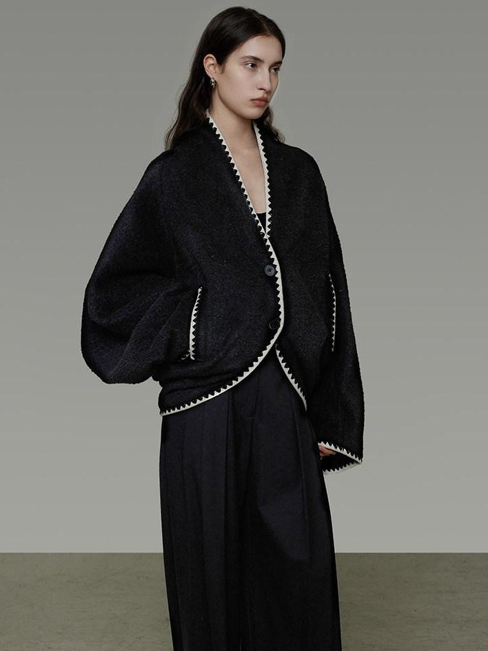 unspoken Minimalist Commuter Tailored Oversized V-neck Short Black Women Wool Coats