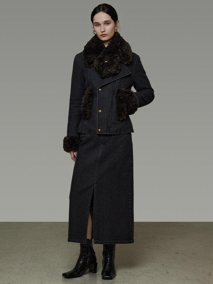 unspoken Warm Buttoned Panel Slim High Waist Long Sleeve Women Black Top & Skirt Sets