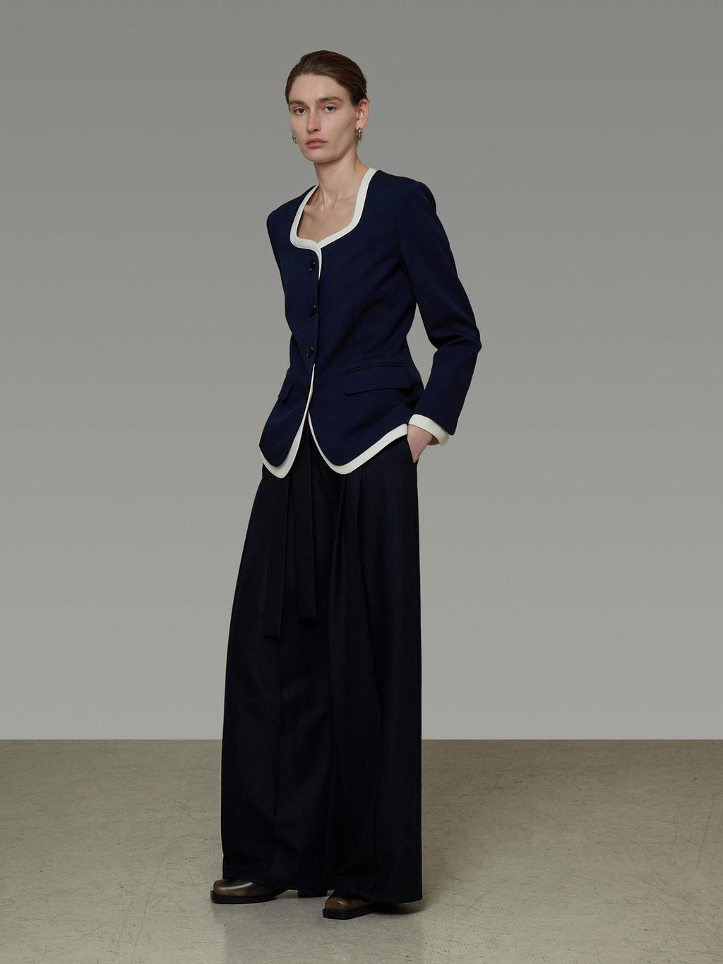 unspoken Durable Shape Loose Office Button Flap Pocket Women Navy Cropped Jackets