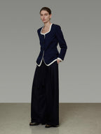 unspoken Durable Shape Loose Office Button Flap Pocket Women Navy Cropped Jackets