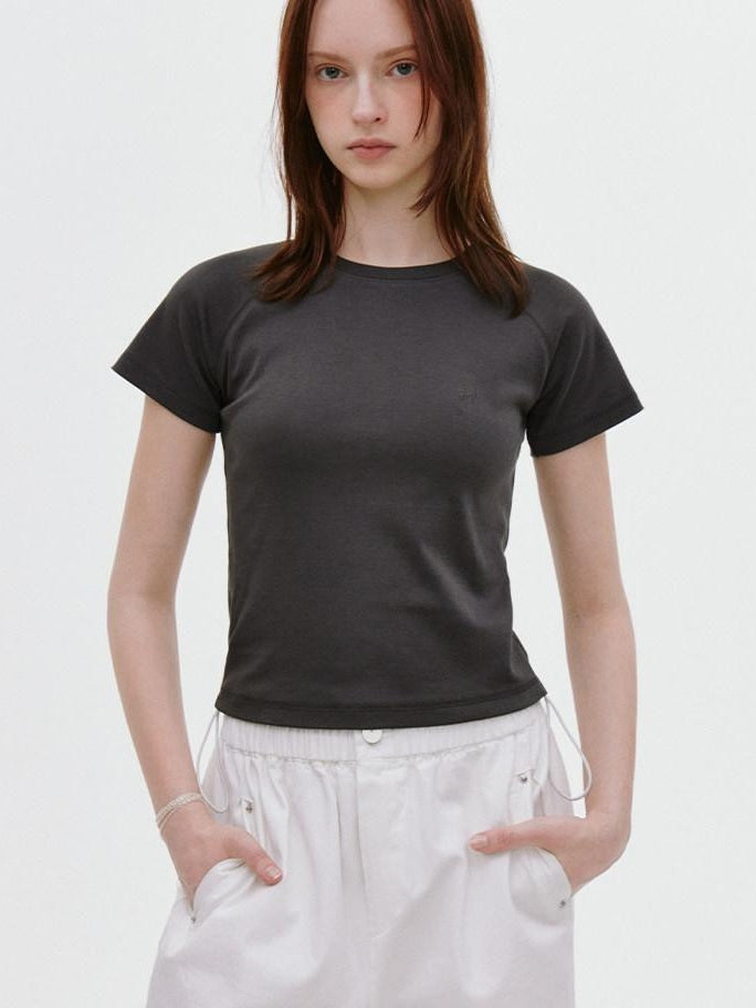 fano Soft Cotton Stretch Korean Slim Fit Short Sleeve Deep Gray Basic Crop Tops