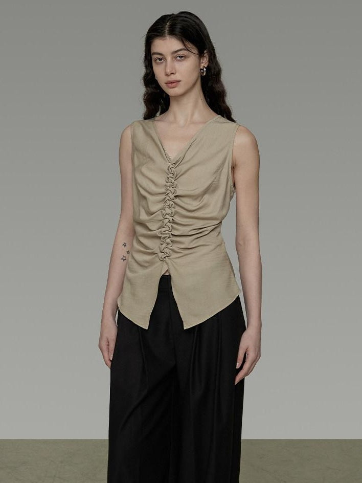 unspoken Ruched Soft Viscose Loose Workwear Women Khaki Solid Off Shoulder Crop Tops