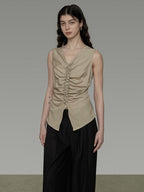 unspoken Ruched Soft Viscose Loose Workwear Women Khaki Solid Off Shoulder Crop Tops