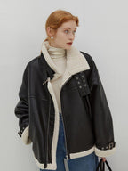 fano Thick Loose Fit Commuter Viscose Zipper Women Black Leather Jackets