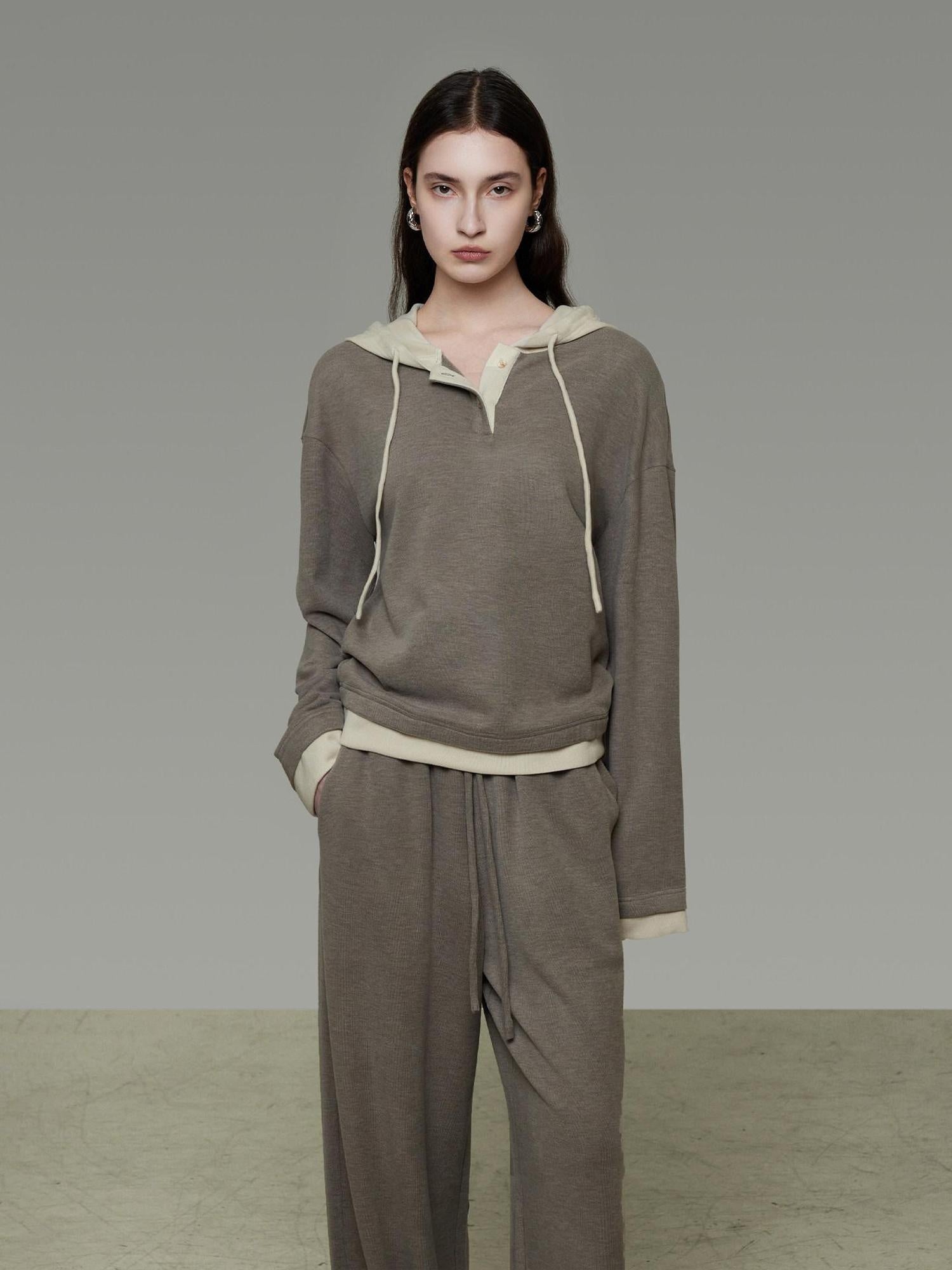 unspoken Colorblock Hooded Loose Two Piece High Waist Pants Women Casual Lounge Sets