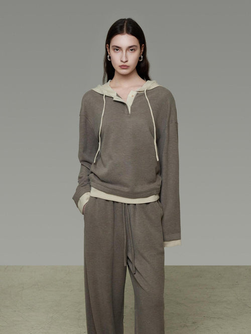 unspoken Colorblock Hooded Loose Two Piece High Waist Pants Women Casual Lounge Sets