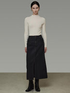 unspoken Warm Buttoned Panel Slim High Waist Long Sleeve Women Black Top & Skirt Sets